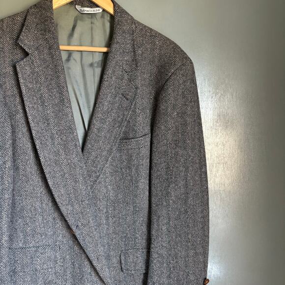 Vintage MAN IN WOOL Men's 44S Grey 100% Wool Tweed Herringbone Blazer Classic - Picture 12 of 13